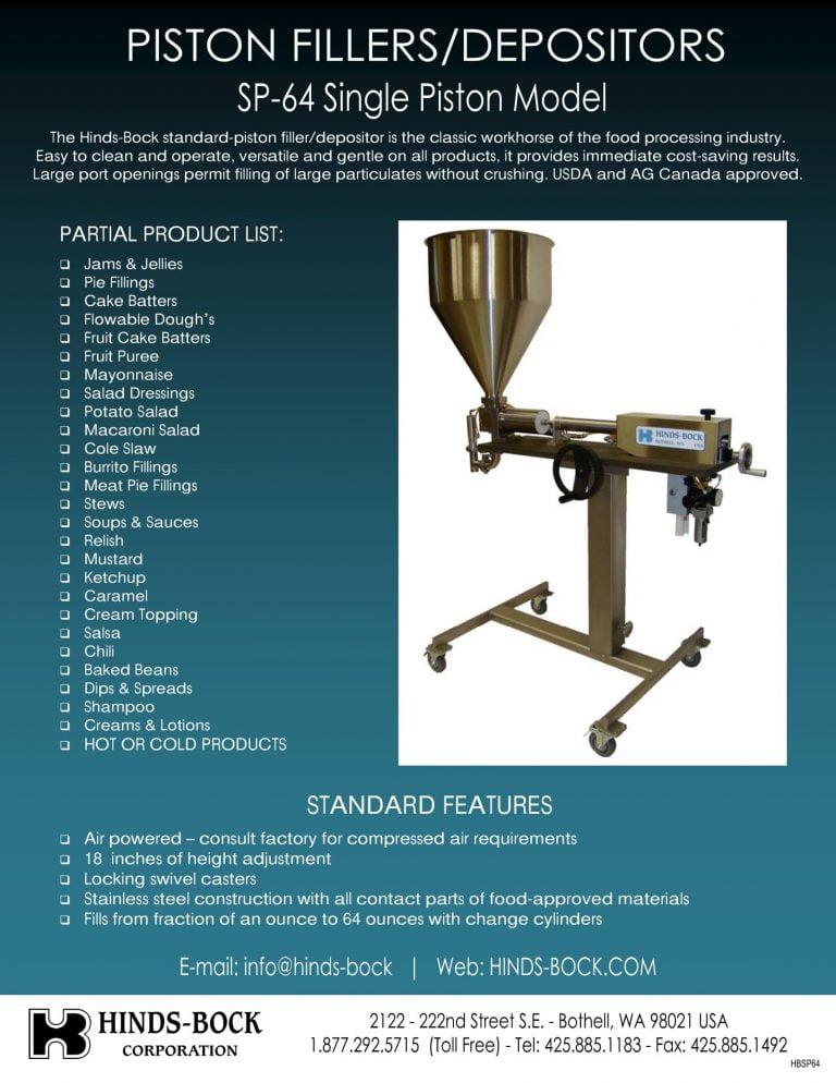 Hinds-Bock SP-64 Single Piston Fillers/Depositors Brochure | M&M ...